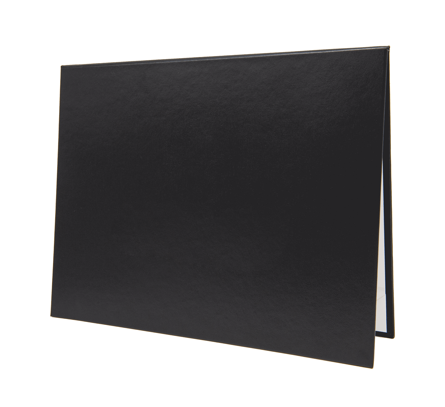 Sleek solid black color document cover designed for holding certificates, awards, or diplomas. Durable hardback case made from premium faux leather/leatherette, featuring a polished finish for a professional display. Ideal for presentations, graduations, and recognitions.