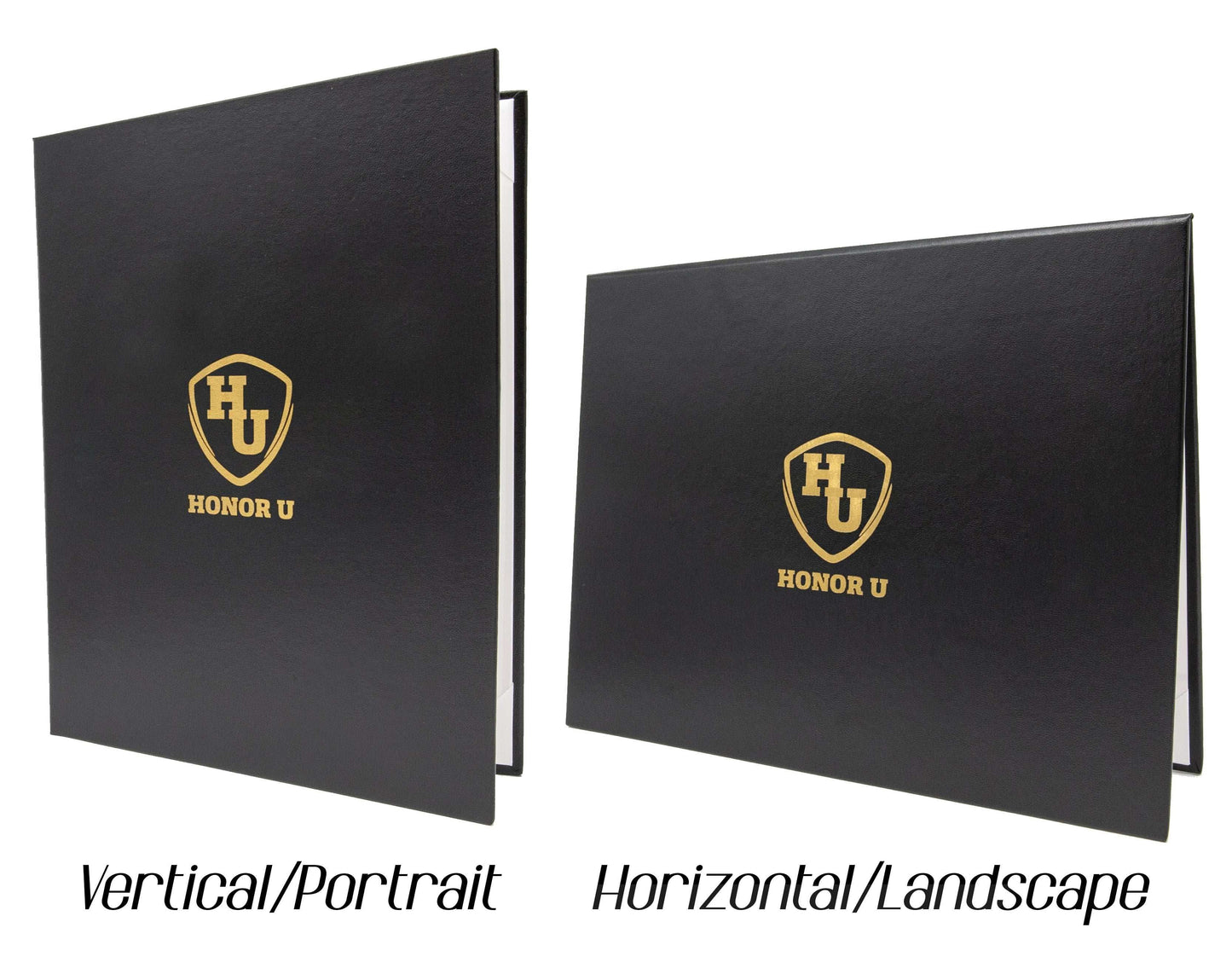 Custom-sized Honor U tent-style document cover with gold logo, designed to fit unique dimensions and protect important papers.