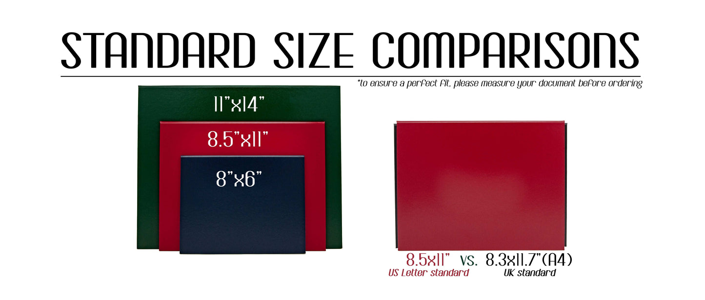 Tent-style document cover, holder, folders are available in four standard size options: 8x6, 8.5x11, 11x14, and A4. Perfect for securing a paper document. Each case is made from sleek faux leather/leatherette with slim durable profile, lightweight design, includes archival acetate