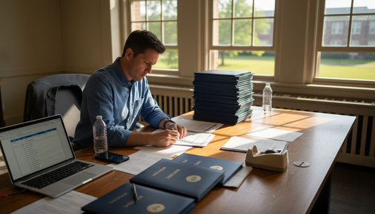 Administrator checking graduation folders at desk