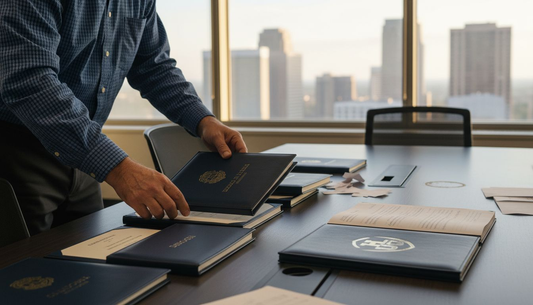 Administrator sorting certificate folders on table