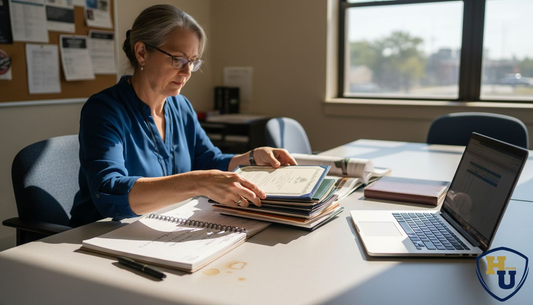 Manager reviews sample certificate holders in office