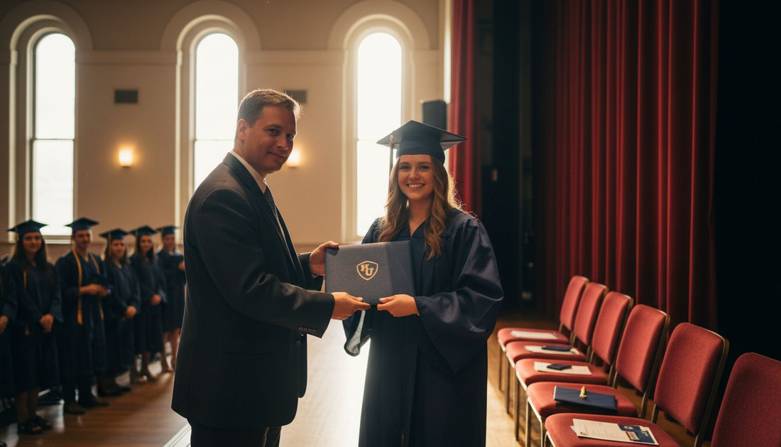 Graduate receiving diploma in document case
