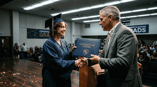 Graduate receives custom diploma cover on stage