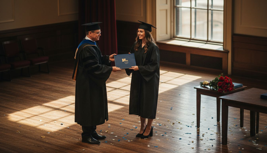 Graduate receiving custom diploma cover on stage