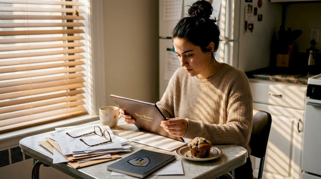 Young woman reviewing Penn Foster diploma holder