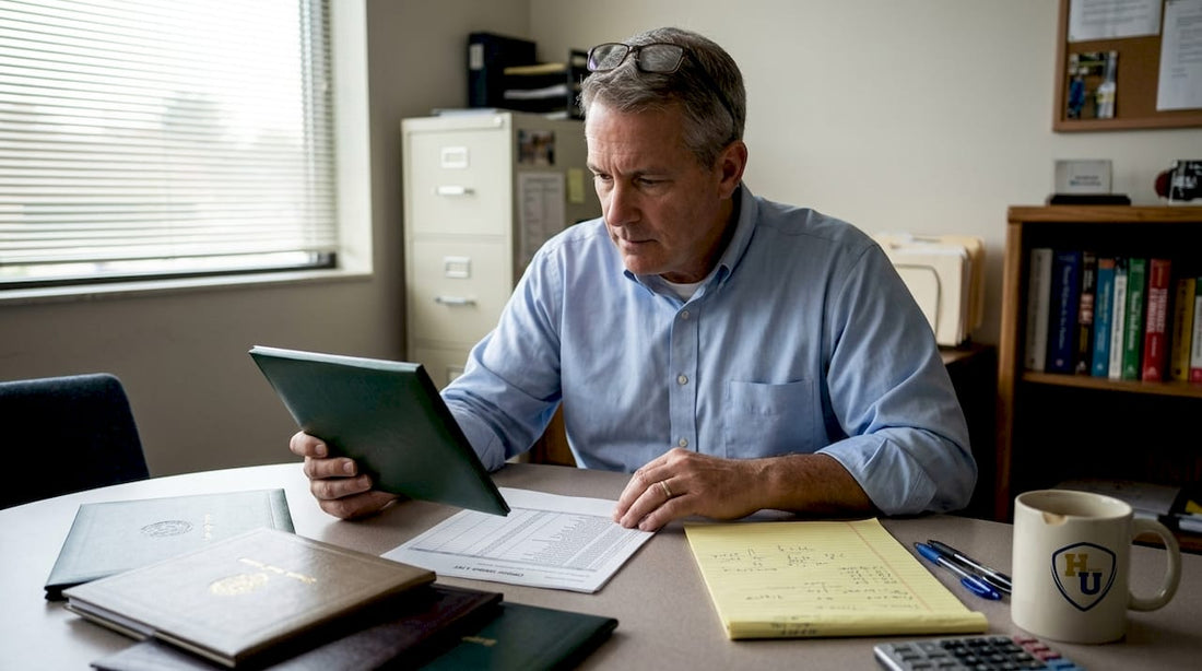 Administrator reviewing diploma cover samples
