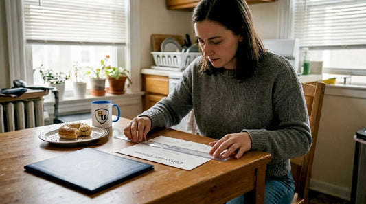Woman measuring diploma for cover at kitchen table