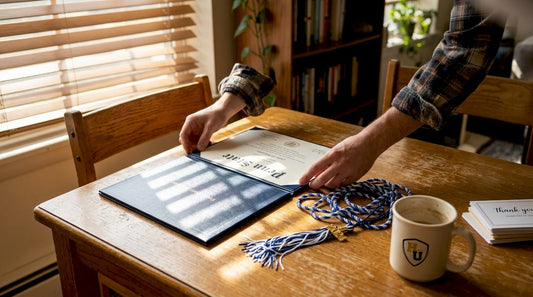 Graduate adjusting Penn State diploma cover