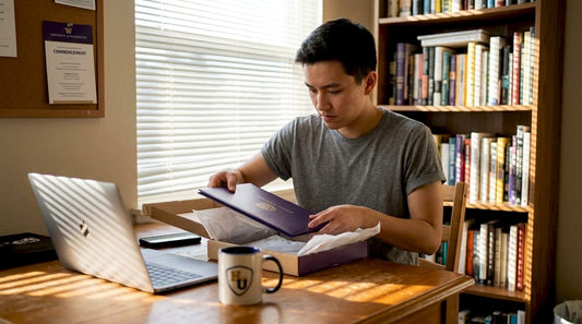 UW graduate opening diploma cover at home