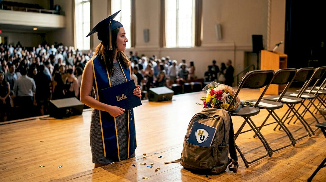Graduate holding UCLA diploma cover on stage