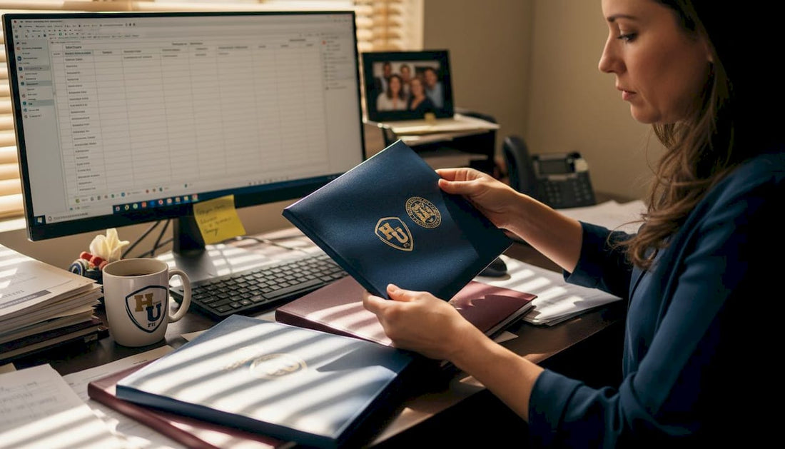 University staff reviewing FIU diploma covers