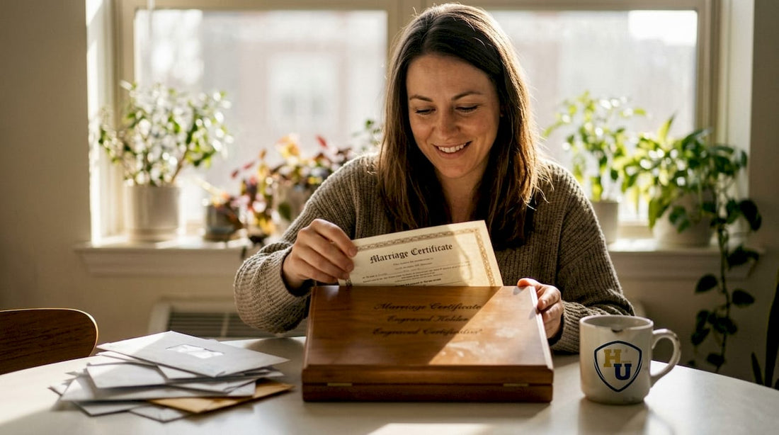 Placing certificate in stylish wooden holder