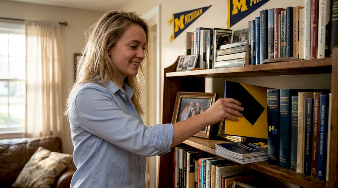 Graduate placing Michigan diploma cover on shelf