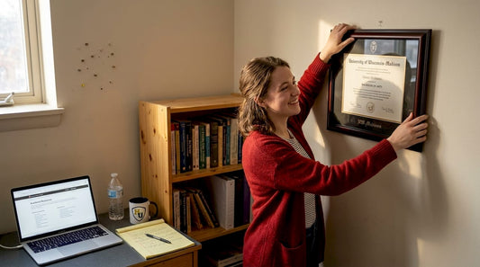 Graduate hangs UW-Madison diploma frame in office