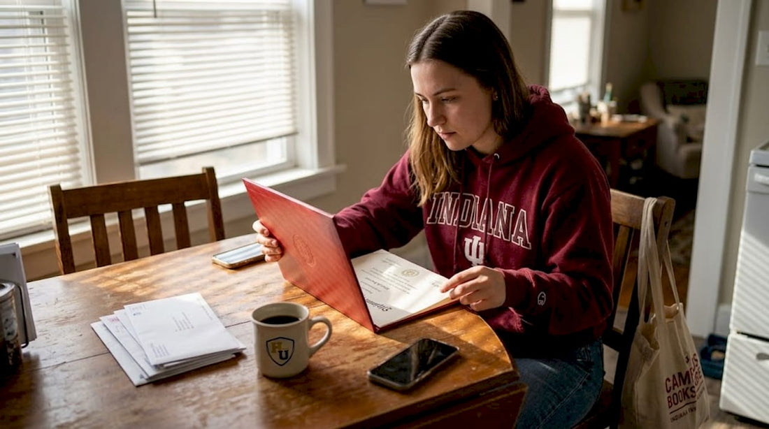 Student checking diploma cover and diploma