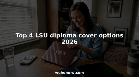 LSU graduate choosing diploma cover at home table