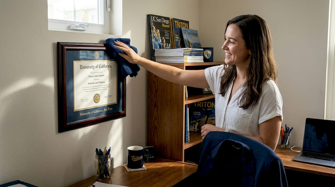 UCSD grad dusting framed diploma at home