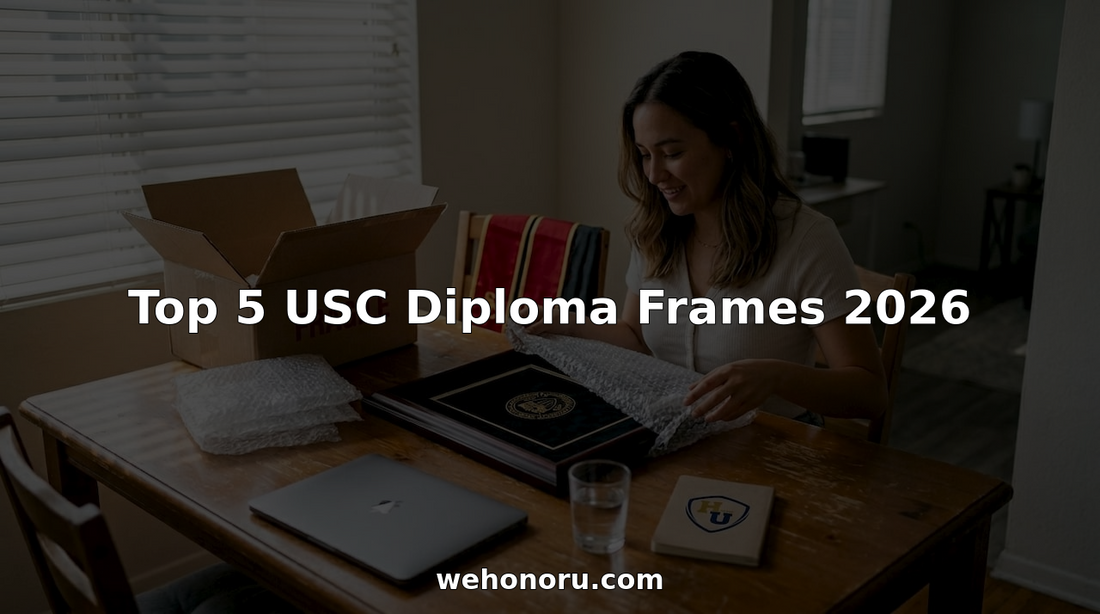 Graduate unboxing USC diploma frame in home setting