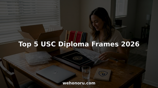 Graduate unboxing USC diploma frame in home setting