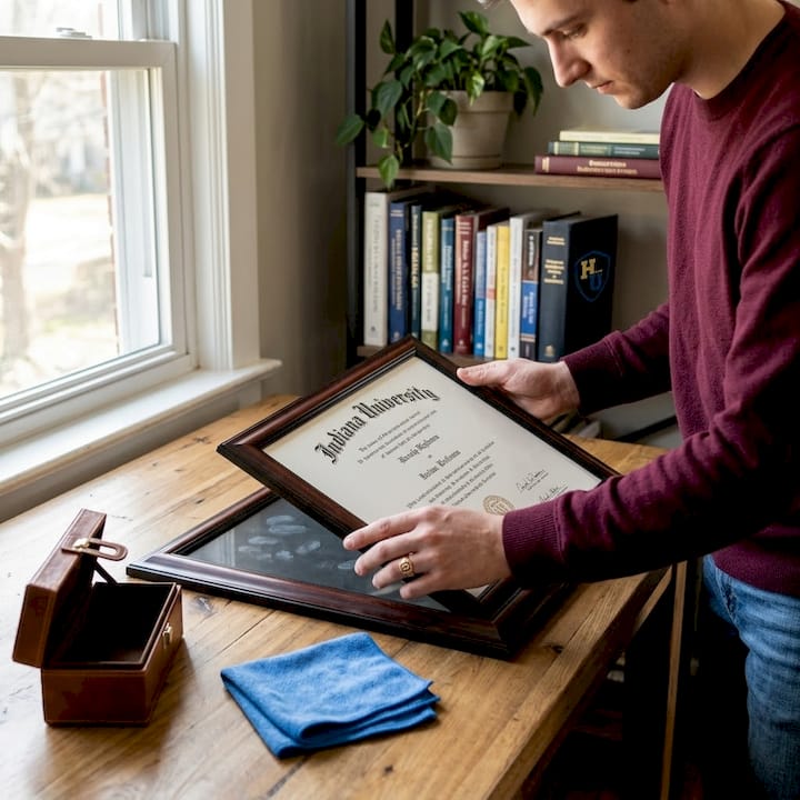 Graduate framing diploma in home office workspace