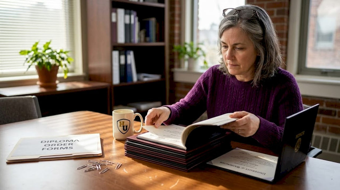 Coordinator reviewing diploma covers at desk