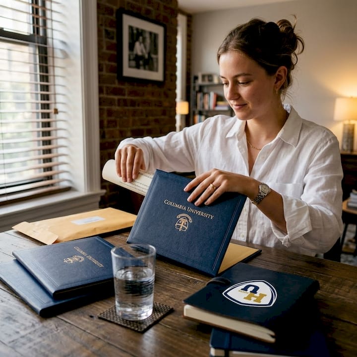 Graduate placing Columbia diploma into cover