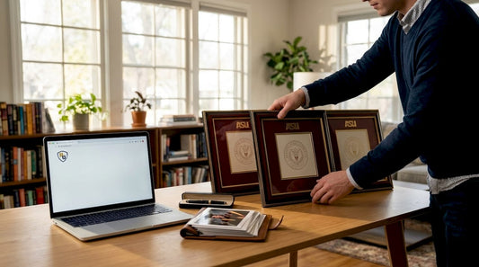 Three ASU diploma frames on tidy home desk