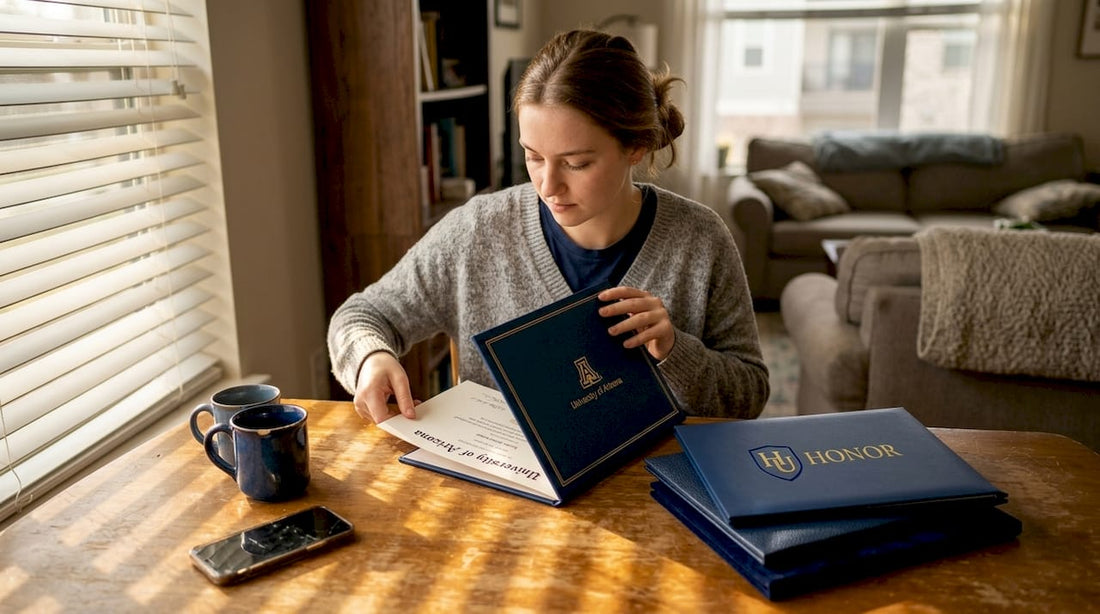 Graduate placing diploma in blue cover at table