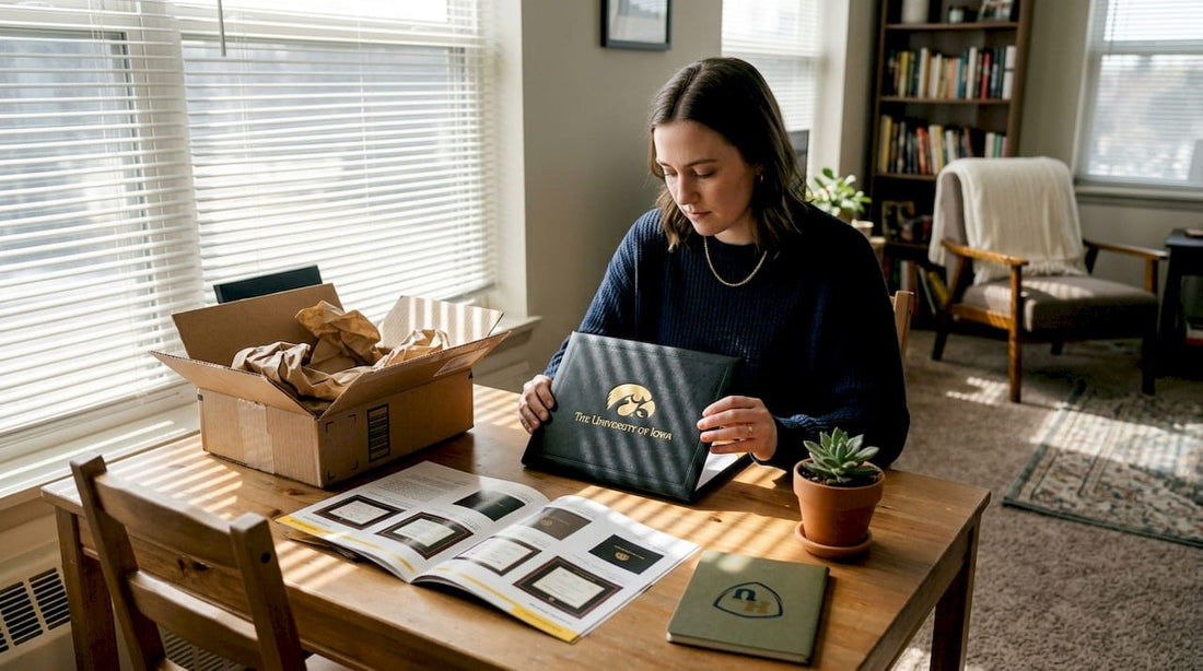 Graduate examining University of Iowa diploma cover at home table