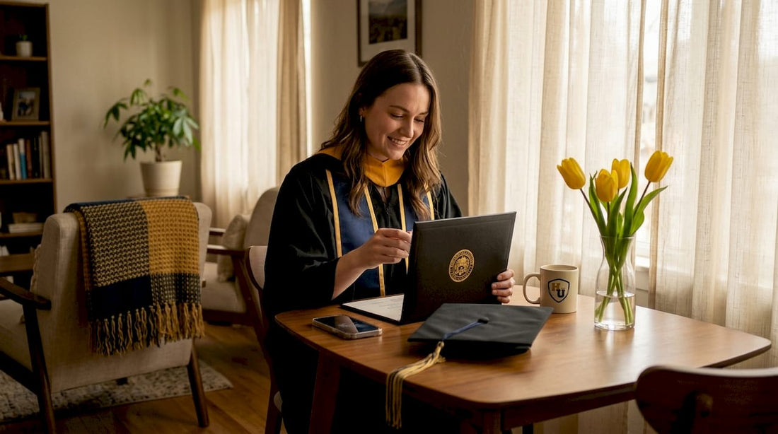 Graduate opens CU Boulder diploma cover at home