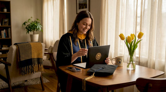 Graduate opens CU Boulder diploma cover at home