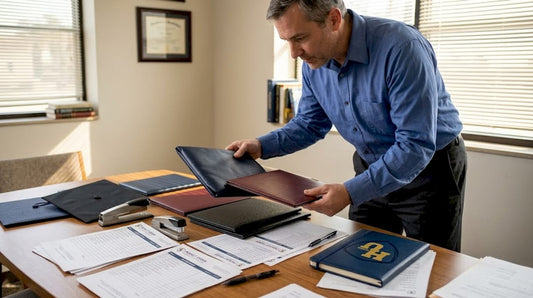 Administrator sorting diploma covers in school office