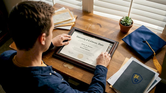 Graduate framing UC Davis diploma at home