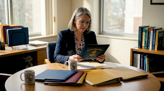 Administrator reviewing a diploma cover sample