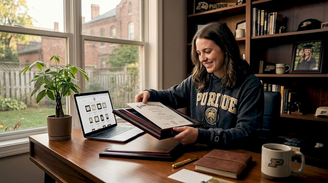 Graduate framing their Purdue University diploma at a kitchen table