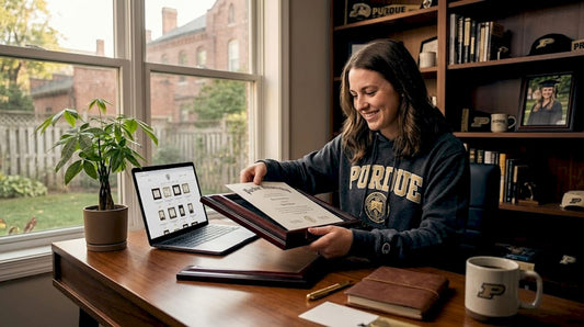 Graduate framing their Purdue University diploma at a kitchen table