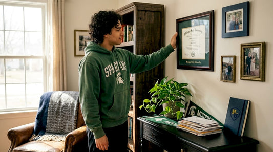 Graduate hangs Michigan State diploma frame at home