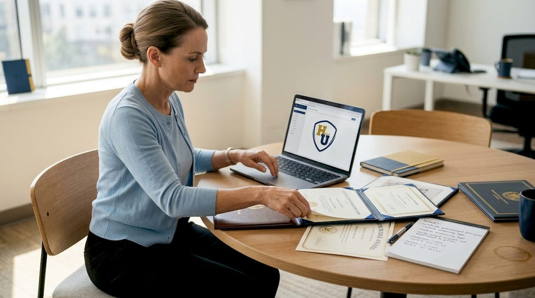 Nonprofit manager reviewing diploma covers at office table