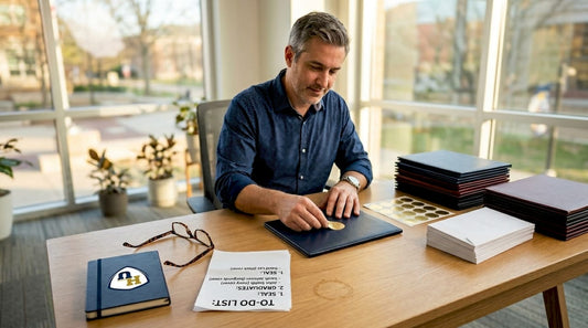 Administrator assembling diploma covers on office table