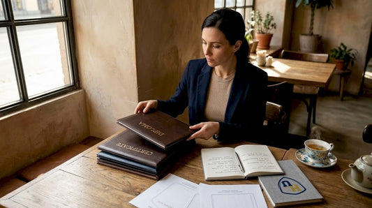 Healthcare administrator organizing custom diploma covers