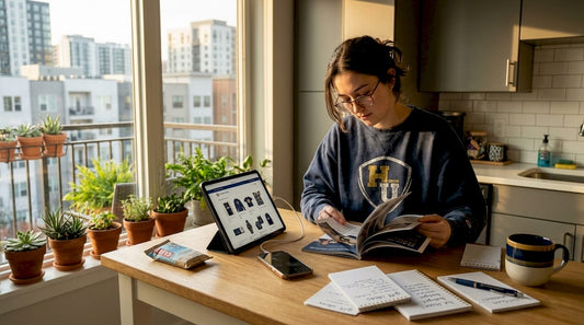 Graduate browsing gift options at kitchen table