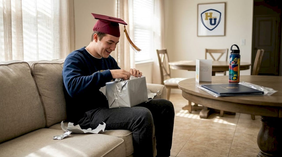 College graduate opening gift in living room