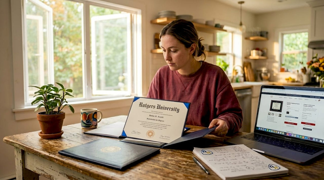 Woman comparing diploma covers at home table