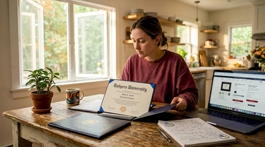 Woman comparing diploma covers at home table