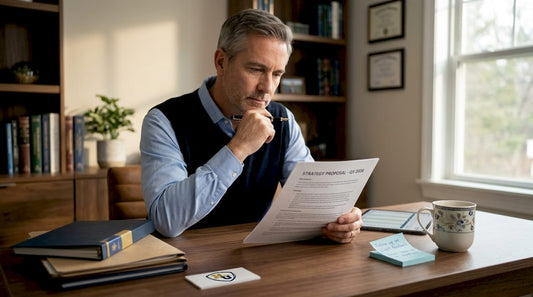 Professional reviewing printed document at home office