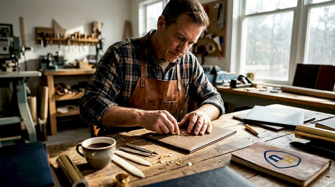 Artisan assembling diploma covers at workbench