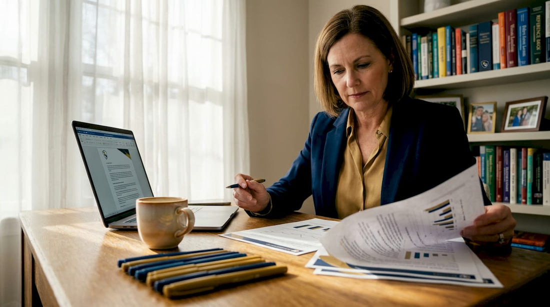 Professional reviewing printed documents at home office