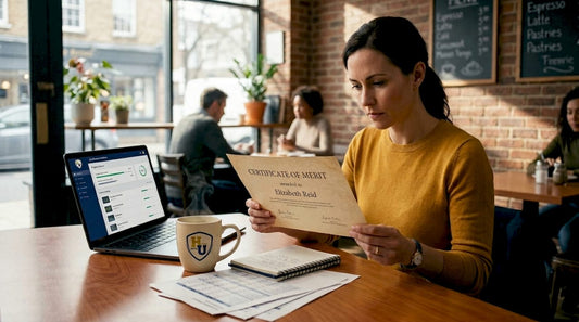 Professional reviewing certificate at desk