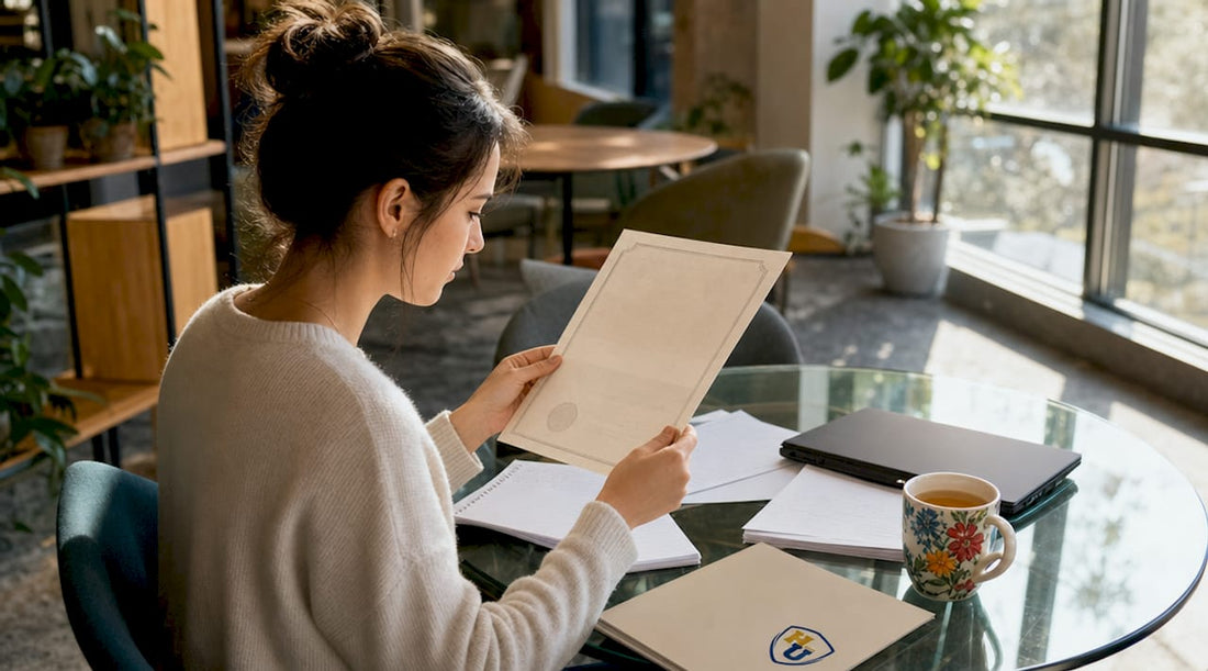 Woman reviewing educational certificate at home